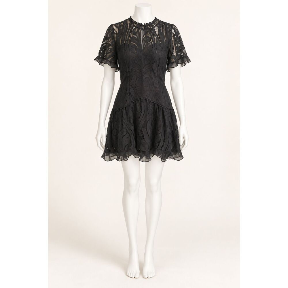 Here Comes The Sun Women’s M Black Lace Ruffle Mini Dress Flutter Sleeve